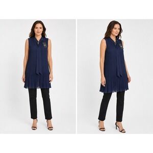 DKNY Womens Size 12 Navy Pleated Sleeveless Tunic Blouse Tie Neck NWT MSRP $139